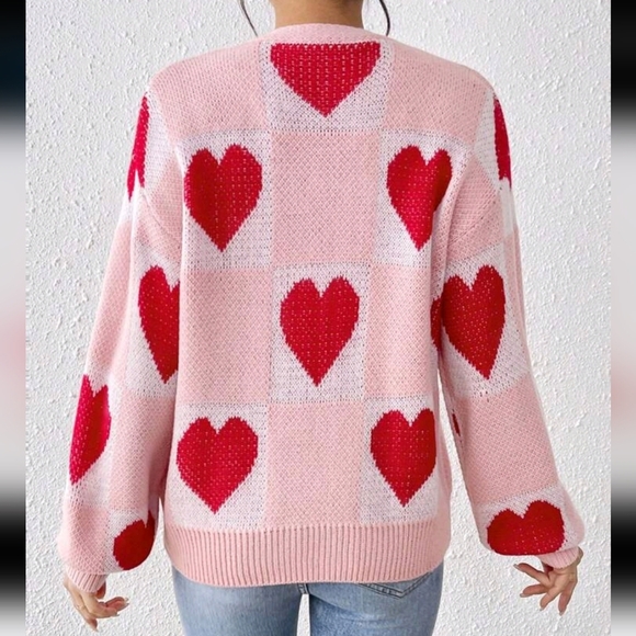 Women's Drop Shoulder Long Sleeve Casual Valentine's Day Heart Cardigan - Picture 2 of 5